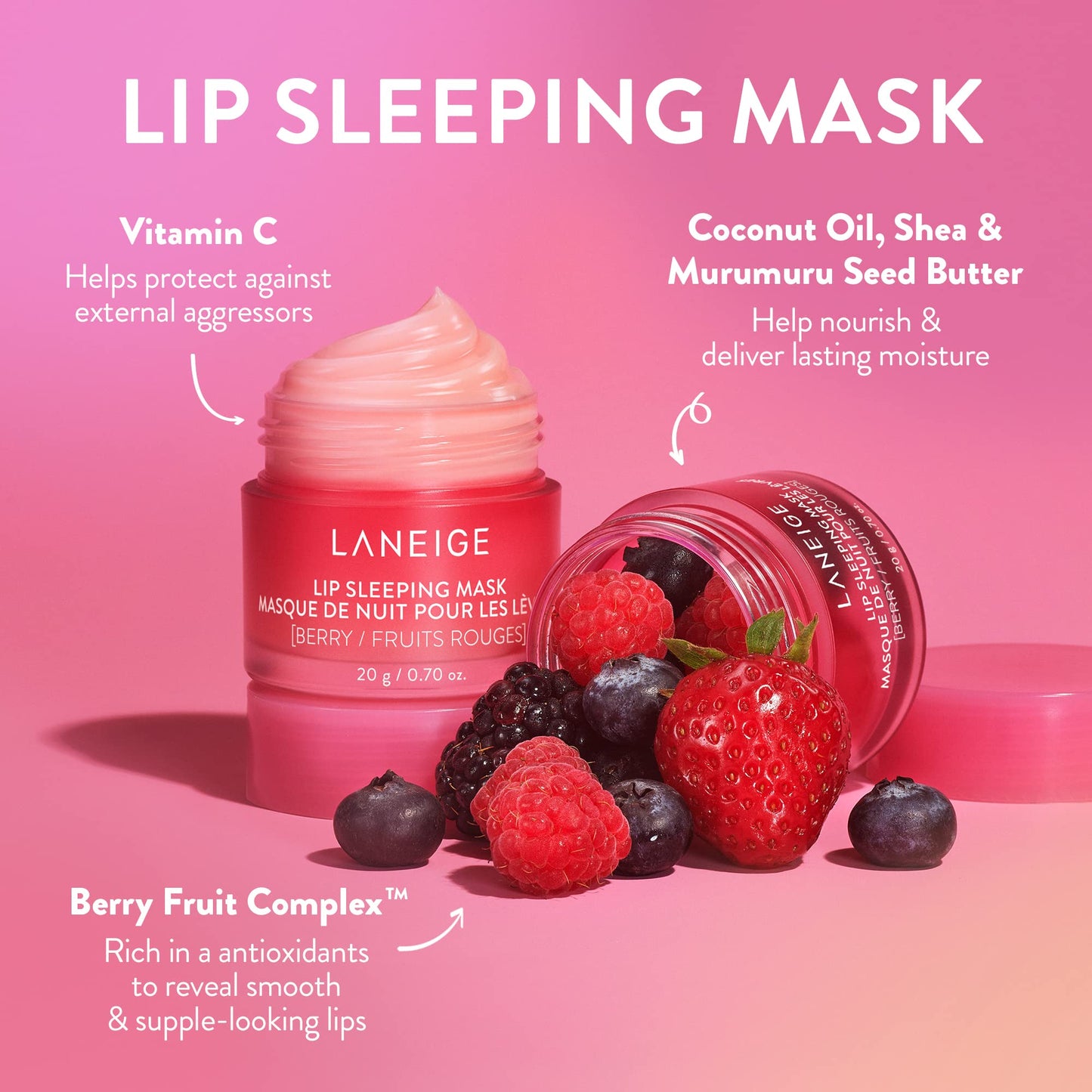 LANEIGE Lip Sleeping Mask: Nourish, Hydrate, Vitamin C, Murumuru & Shea Butter, Antioxidants, Flaky, Dry Lips Royalty’s Flame