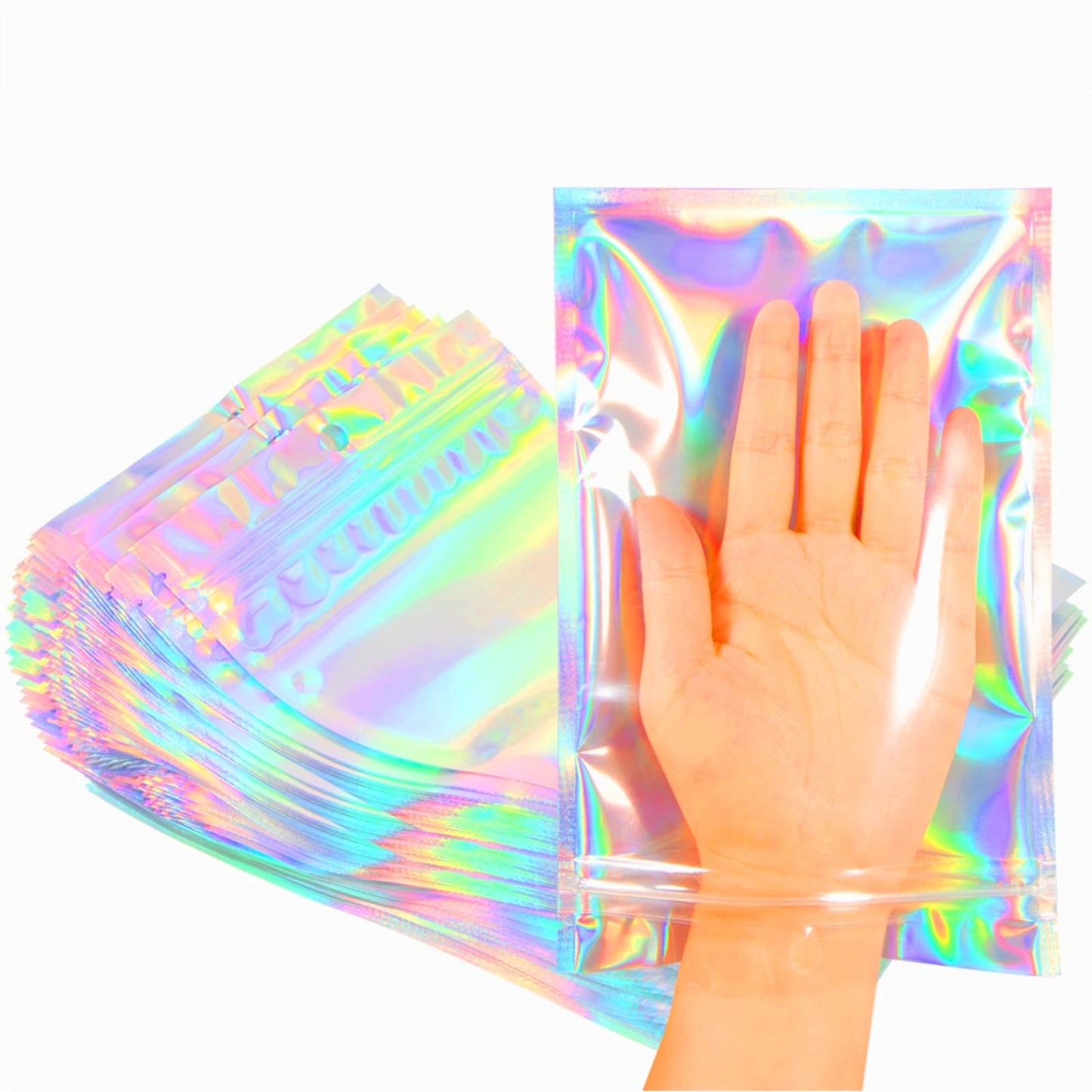 Smell Proof Bags & Resealable Foil Pouch Bag [100 PCS ] Great for Party Favor Food Storage (Holographic Color, 8 x 5.5 Inch) - Royalty’s Flame