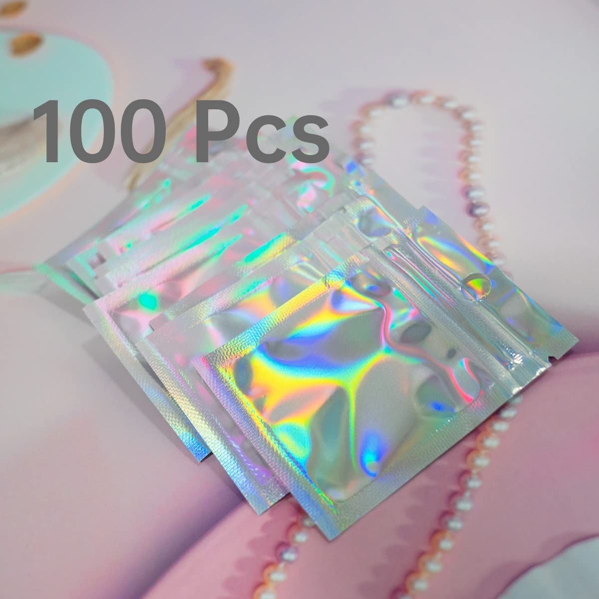 Smell Proof Bags & Resealable Foil Pouch Bag [100 PCS ] Great for Party Favor Food Storage (Holographic Color, 8 x 5.5 Inch) - Royalty’s Flame