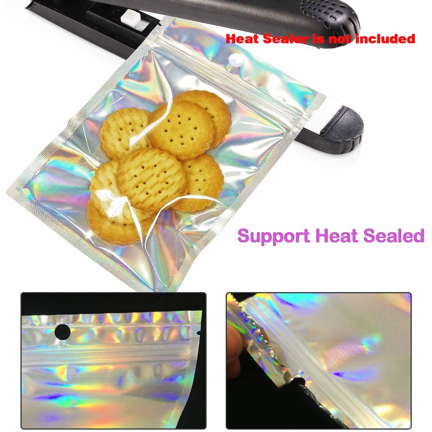 Smell Proof Bags & Resealable Foil Pouch Bag [100 PCS ] Great for Party Favor Food Storage (Holographic Color, 8 x 5.5 Inch) - Royalty’s Flame