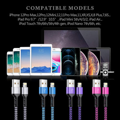 [3/6/10FT-5Pack] iPhone Charger Apple Certified Lighting Charge Cords Phone Power Data Cable Nylon Braided Fast Charging Wire for iPhone 13 12 Pro Max Mini 11 XR XS X 10 8 7 6s 6 Plus SE 2020, iPad Royalty’s Flame