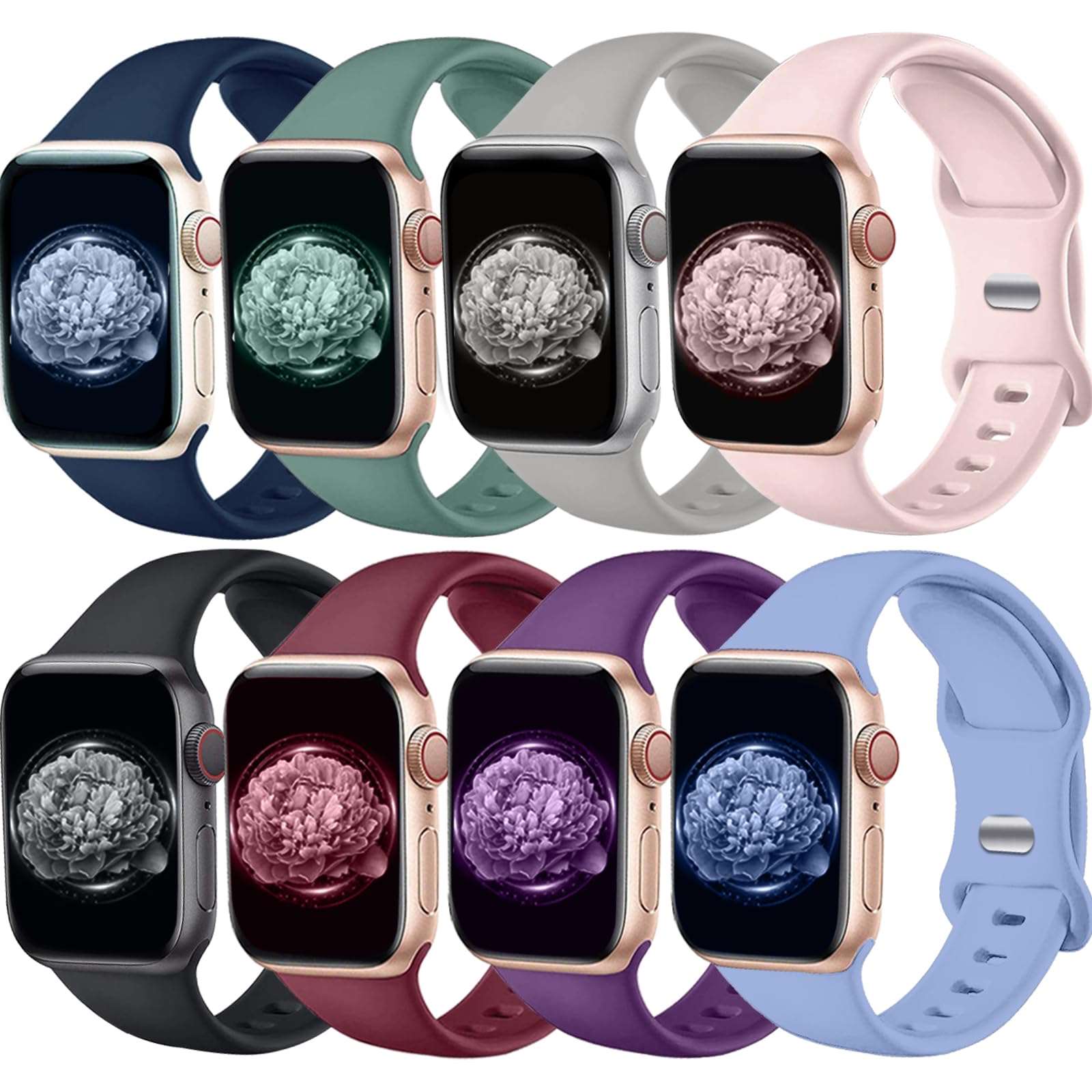 Brigtlaiff 8 Pack Bands Compatible with Apple Watch Band 38mm 40mm 41mm 42mm 44mm 45mm 49mm for Women Men, Breathable Soft Silicone Sport Strap for iWatch Series Ultra 9 8 7 6 5 4 3 2 1 SE - Royalty’s Flame