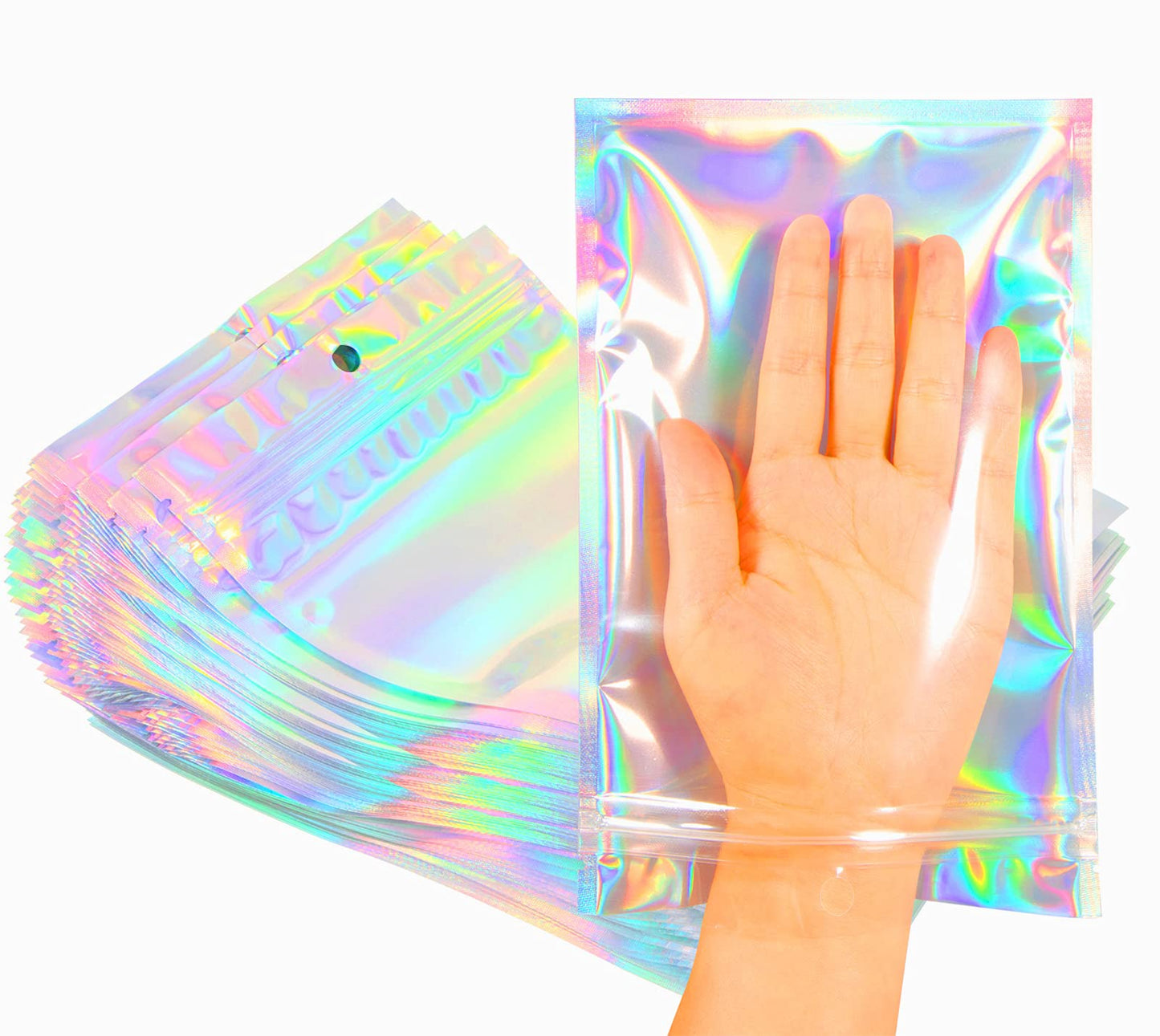 Smell Proof Bags & Resealable Foil Pouch Bag [100 PCS ] Great for Party Favor Food Storage (Holographic Color, 8 x 5.5 Inch) - Royalty’s Flame