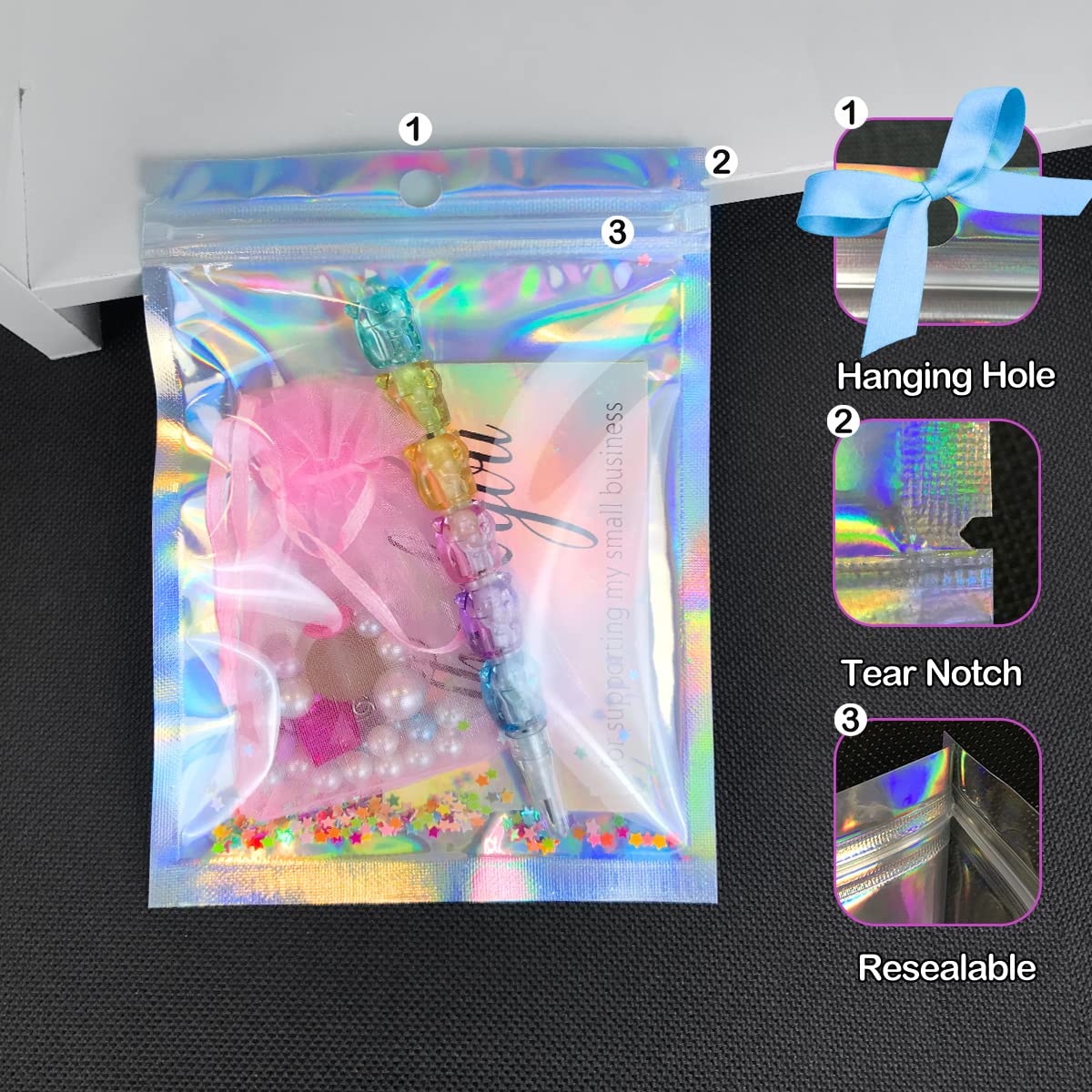 Smell Proof Bags & Resealable Foil Pouch Bag [100 PCS ] Great for Party Favor Food Storage (Holographic Color, 8 x 5.5 Inch) - Royalty’s Flame