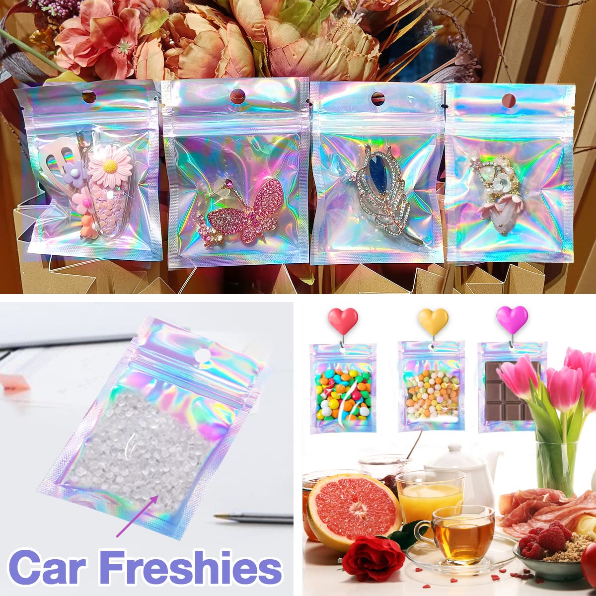 Smell Proof Bags & Resealable Foil Pouch Bag [100 PCS ] Great for Party Favor Food Storage (Holographic Color, 8 x 5.5 Inch) - Royalty’s Flame