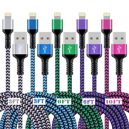 [3/6/10FT-5Pack] iPhone Charger Apple Certified Lighting Charge Cords Phone Power Data Cable Nylon Braided Fast Charging Wire for iPhone 13 12 Pro Max Mini 11 XR XS X 10 8 7 6s 6 Plus SE 2020, iPad Royalty’s Flame