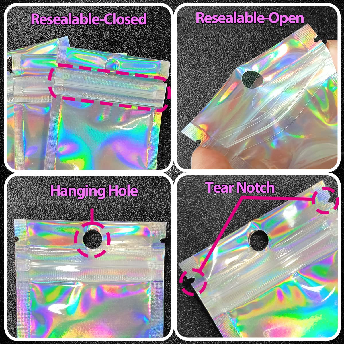 Smell Proof Bags & Resealable Foil Pouch Bag [100 PCS ] Great for Party Favor Food Storage (Holographic Color, 8 x 5.5 Inch) - Royalty’s Flame