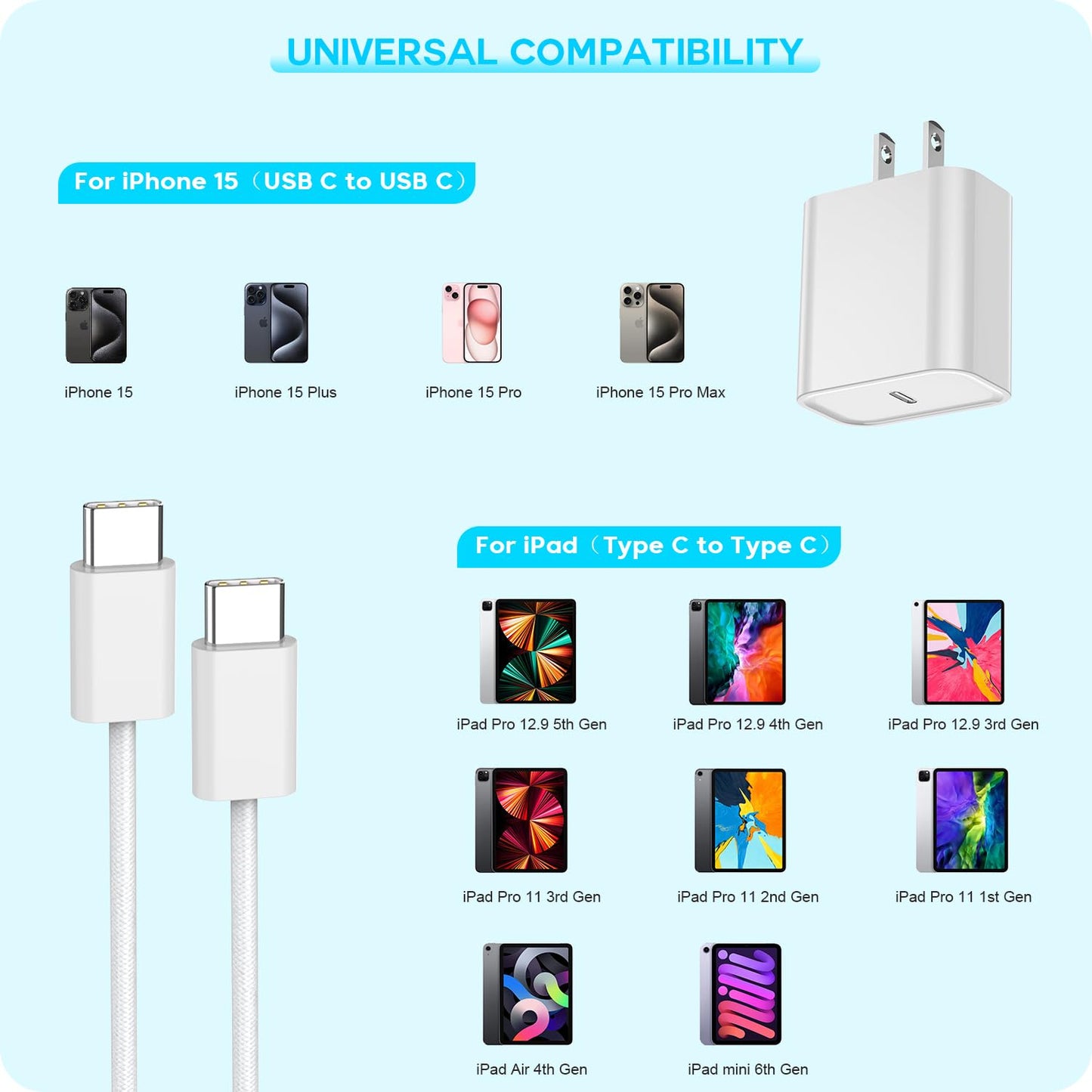 Fast Charger for iPhone 15, 3Pack USB C iPad Charger PD Fast Charger Block 6FT Long USB C to Type C iPhone 15 Charging Cable Cord for iPhone 15/15 Pro/15 Pro Max,iPad Pro 12.9/11inch, iPad Air 5th/4th Royalty’s Flame