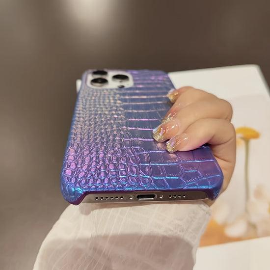 Fashionable Laser Gradient Purple Crocodile Pattern Artificial Leather Mobile Phone Case Protective Cover for iPhone 15 14 13 12 11 X XR SE 8 7 Plus Pro Max Mini Series