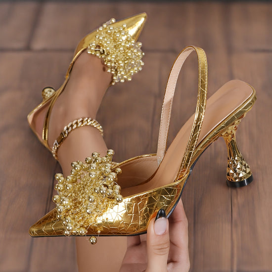 Elegant Golden Beaded  Rhinestone PointedToe Stiletto Sandals for Women  Ankle Strap High Heels for Weddings Evening Parties  Formal Events Formal Event Footwear  Floral Motif Shoes  Synthetic Cover Shoes Dressy Shoes