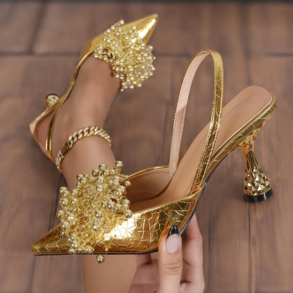 Elegant Golden Beaded  Rhinestone PointedToe Stiletto Sandals for Women  Ankle Strap High Heels for Weddings Evening Parties  Formal Events Formal Event Footwear  Floral Motif Shoes  Synthetic Cover Shoes Dressy Shoes