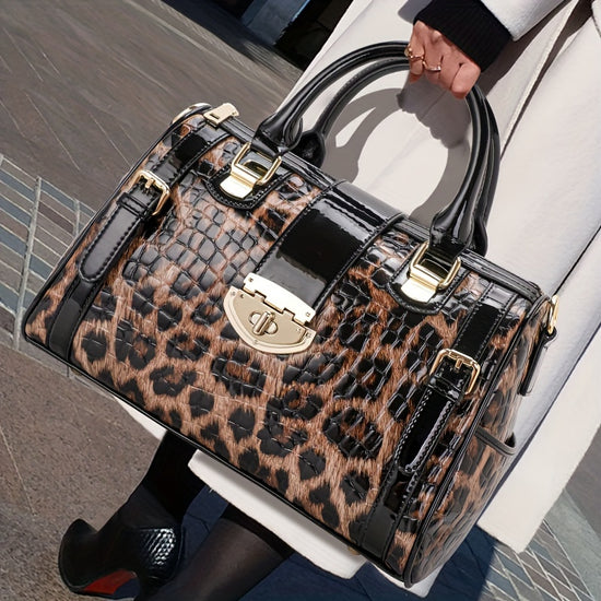 Chic Leopard  Crocodile Patterned Cowhide Satchel  Versatile Spacious with StyleDefining Hardware  Ideal for Everyday Elegance