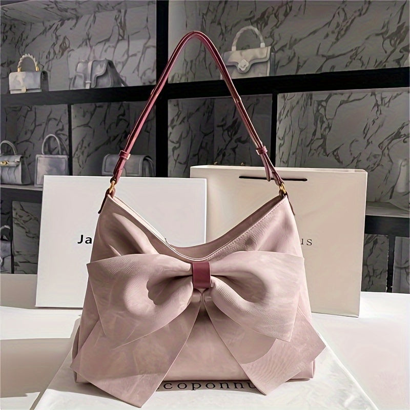 2024 New Arrival Premium Genuine Leather Large Capacity Pink Tote Bag for Women Single Shoulder Crossbody Bag with Bowknot Detail