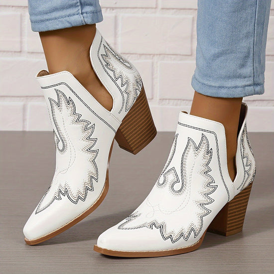 Womens Fashionable Chunky Heeled Ankle Boots  Retro Embroidery SlipOns with Pointed Toe and Western Flair  Trendy Vcut Short Boots for Effortless Style